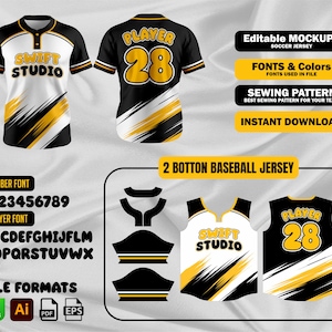 Può includere: Design di maglia da baseball con le scritte "SWIFT STUDIO" e "PLAYER 28". Il design è bianco, nero e giallo. L'immagine include anche opzioni di font e formati di file.