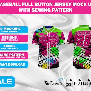 May include: A baseball jersey mock-up with a full button design. The jersey features a vibrant splash of colours, including pink, green, and black. The front displays the team name and number 28. The back of the jersey also shows the number 28 and the word "PLAYER".