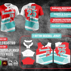 Può includere: Un mockup di una maglia da baseball rossa e bianca con dettagli turchese, con la scritta "Teamname 25" sul davanti e "Player 25" sul retro. Include opzioni di font, modello di cucito e formati di file per il download immediato.