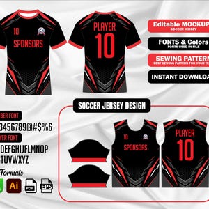 Puede incluir: Diseño de camiseta de fútbol en negro y rojo. El diseño incluye el número 10, la palabra "PLAYER" y la palabra "SPONSORS". La imagen también muestra opciones de fuente y formatos de archivo.