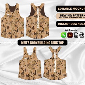May include: A digital mockup of a bodybuilding tank top featuring a tan, brown, and black camouflage pattern. The front displays the logo SS, while the back features the vertical text SWIFTSPORTS. The image includes text labels for editable mockups, sewing pattern, and instant download with file format icons.
