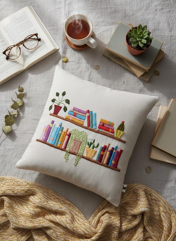 Hand Embroidered Colourful Thread Work Bookshelf Cushion Cover | Literary Home Decor