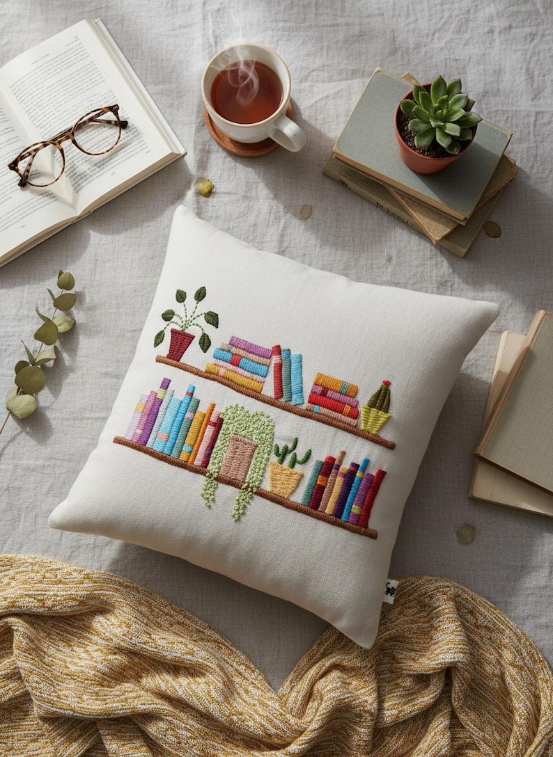 May include: Cream-colored square pillow with an embroidered design of a bookshelf filled with colorful books and potted plants. The pillow is on a neutral-toned surface, with a cup of tea, books, and glasses nearby.