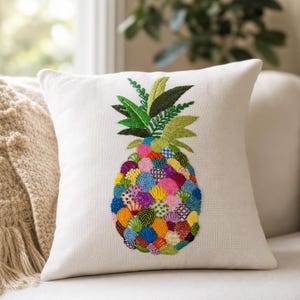 Hand Embroidered Pineapple Cushion Cover, Tropical Boho Fruit Home Accent