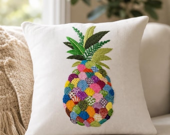 Hand Embroidered Pineapple Cushion Cover, Tropical Boho Fruit Home Accent