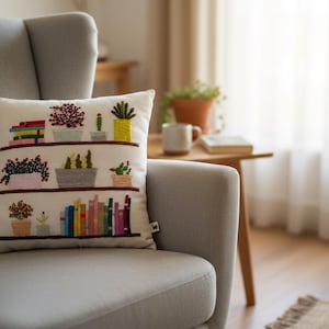 May include: A decorative throw pillow with an embroidered design of bookshelves and potted plants. The pillow features colorful books and various plants in pots, with a neutral background. The pillow is placed on a gray armchair.
