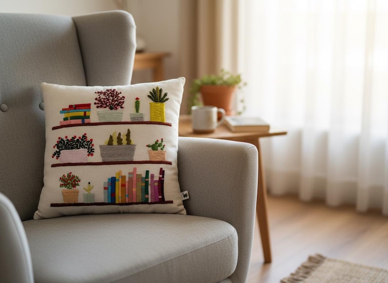 May include: A decorative throw pillow with an embroidered design of bookshelves and potted plants. The pillow features colorful books and various plants in pots, with a neutral background. The pillow is placed on a gray armchair.