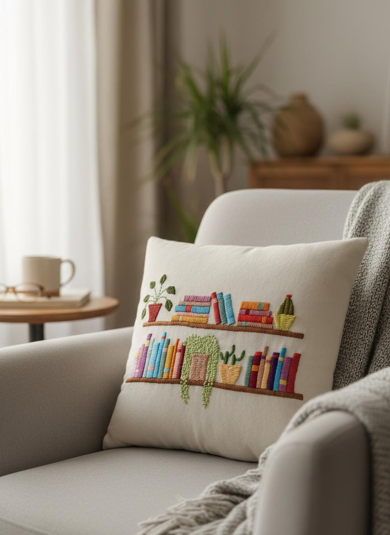 May include: Cream-colored throw pillow with embroidered bookshelves. The design features colorful books, potted plants, and a hanging plant. The pillow is placed on a gray armchair, with a blanket draped over the arm.