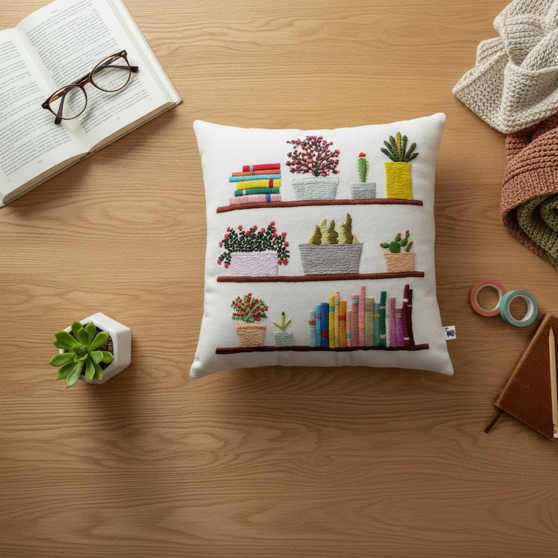 May include: White square pillow with embroidered design of bookshelves, plants, and books. The pillow features three shelves with colorful books, potted plants, and a cactus. The design is in various colors, including red, green, yellow, and blue.