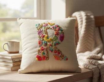 Hand Embroidered Alphabet Cushion Cover, Floral Initial Pillow, Nursery Decor