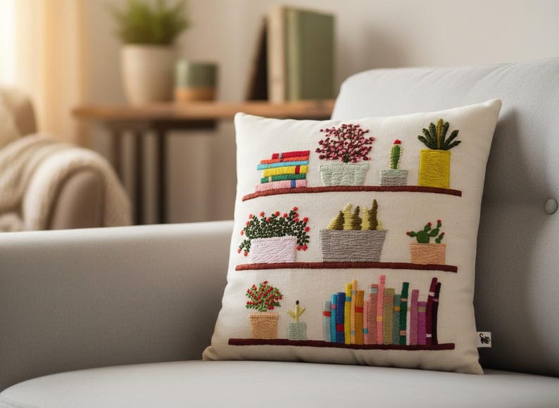 May include: Cream-colored decorative pillow with embroidered bookshelves. The shelves display colorful books and potted plants, including cacti and flowering plants. The pillow is on a gray sofa.