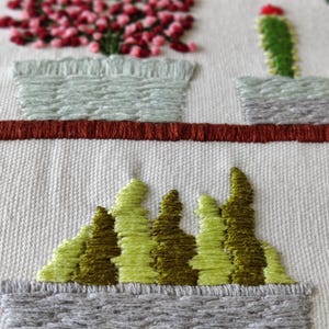 May include: Embroidered artwork featuring a botanical theme. The design includes a row of potted plants with green and red accents, and a row of stylized green trees. The artwork is on a cream-colored fabric.