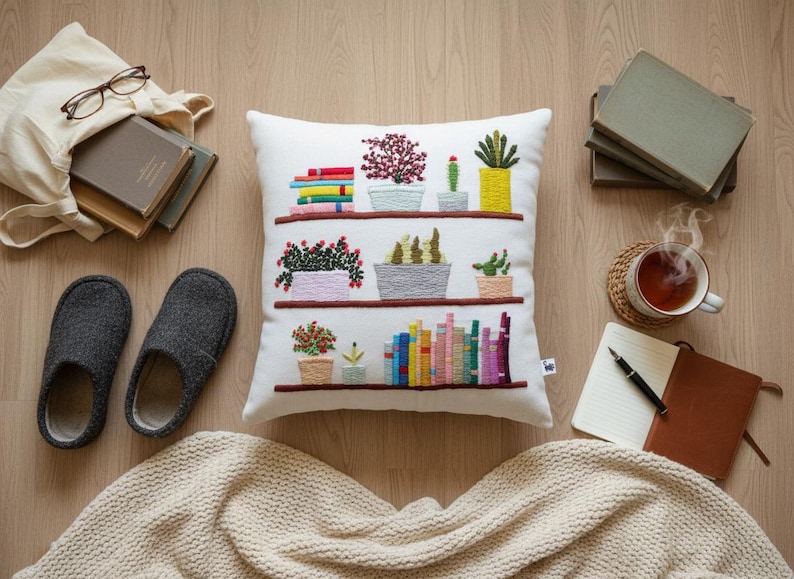 May include: A white decorative pillow with embroidered bookshelves, plants, and books. The image also includes a tote bag with glasses and books, gray slippers, a blanket, a cup of tea, and a notebook.