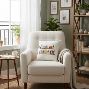 May include: An off-white armchair with a decorative pillow featuring an embroidered bookshelf design. The room includes a wooden side table with a book and glasses, a bookshelf, and framed botanical prints on the wall.