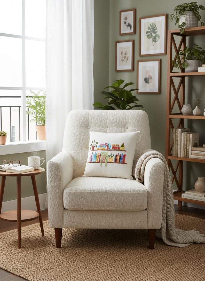 May include: An off-white armchair with a decorative pillow featuring an embroidered bookshelf design. The room includes a wooden side table with a book and glasses, a bookshelf, and framed botanical prints on the wall.