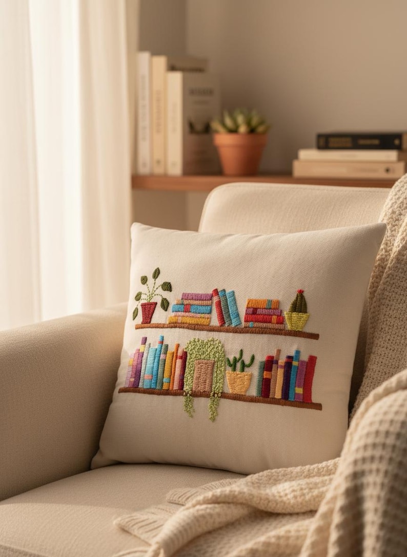 May include: Cream-colored throw pillow with an embroidered design of a bookshelf filled with colorful books and potted plants. The pillow is on a beige sofa, with a blanket draped over the arm.