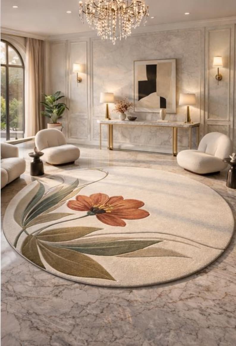 Hand Tufted Round Floral Rug 3D Carved Wool Area Rug Modern Botanical ...