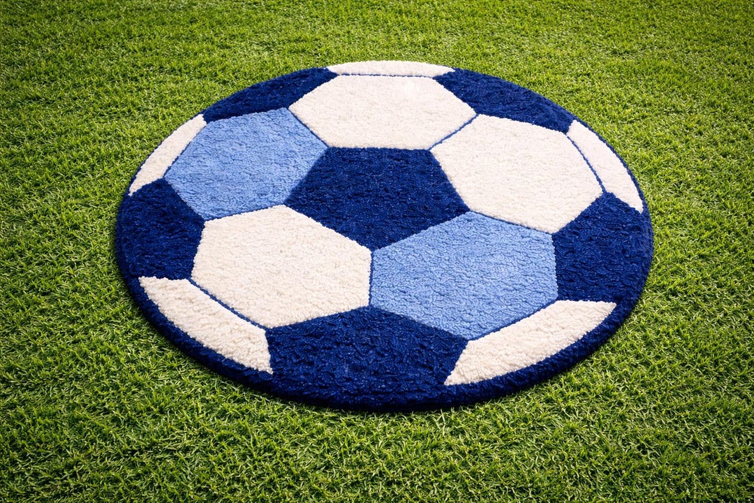 Foosball Rug Soccer Ball Hand Tufted Rug Blue Gradient Sports Decor Round Plush ...