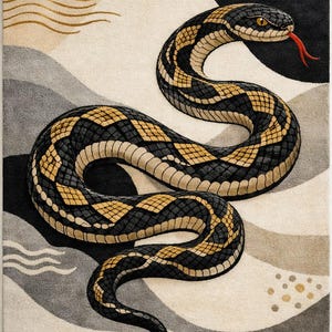 May include: A decorative rug with a snake design. The snake is black and gold with a red tongue, set against a backdrop of neutral tones and a golden sun. The rug has the text "rugsforhomedecore" at the bottom.