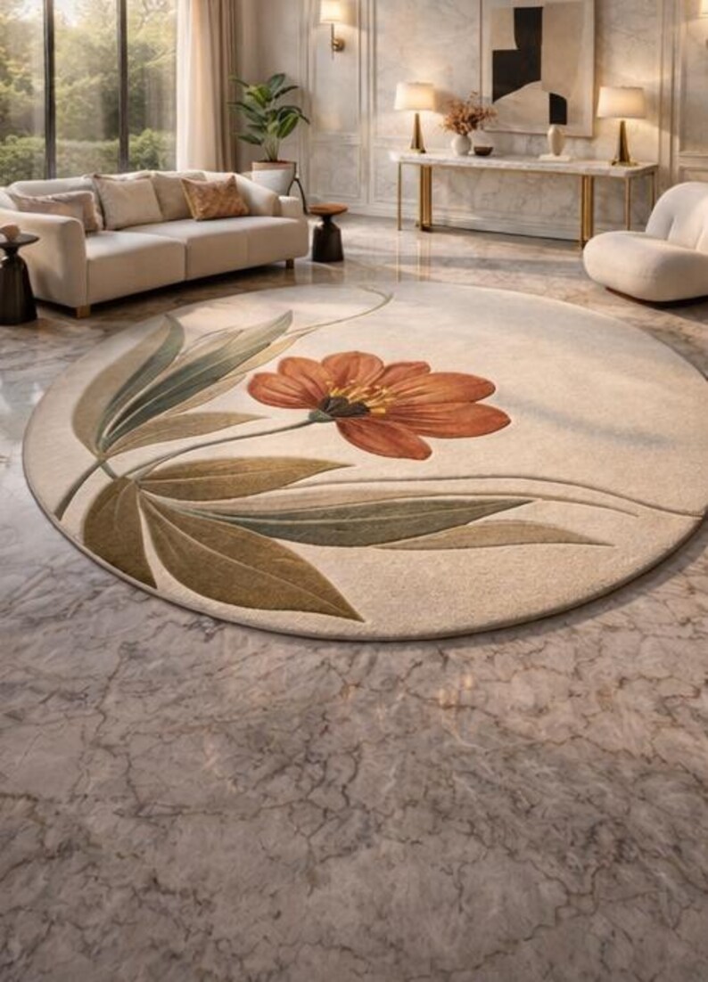 Hand Tufted Round Floral Rug 3D Carved Wool Area Rug Modern Botanical ...