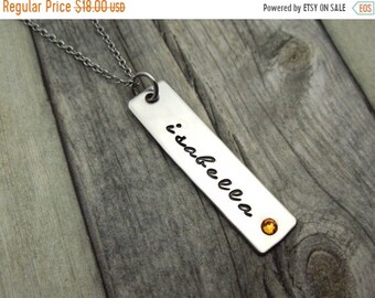 SALE name necklace with birthstone crystal, personalized mothers necklace, rectangle tag with script font