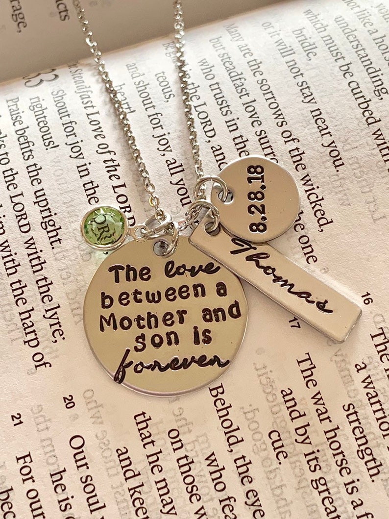 Summer Sale The love between a mother and son is forever hand stamped necklace