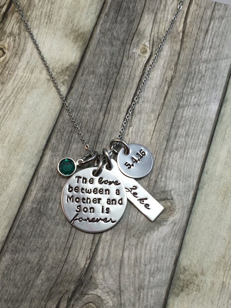 Summer Sale The love between a mother and son is forever hand stamped necklace