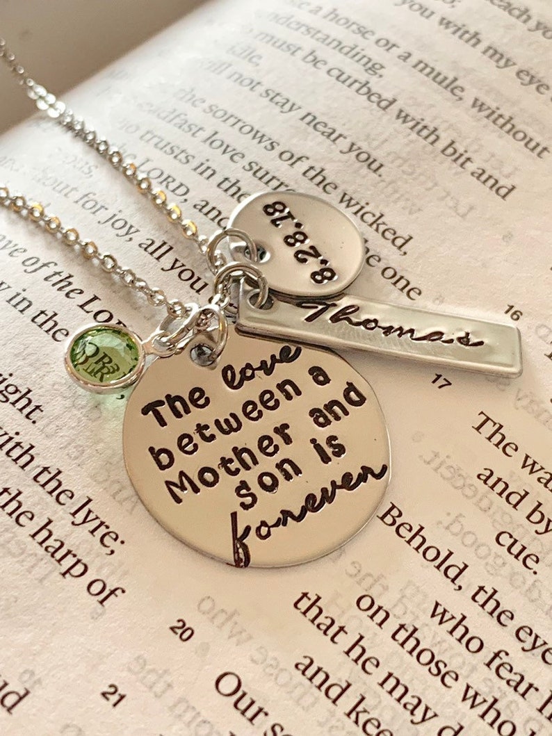 Summer Sale The love between a mother and son is forever hand stamped necklace