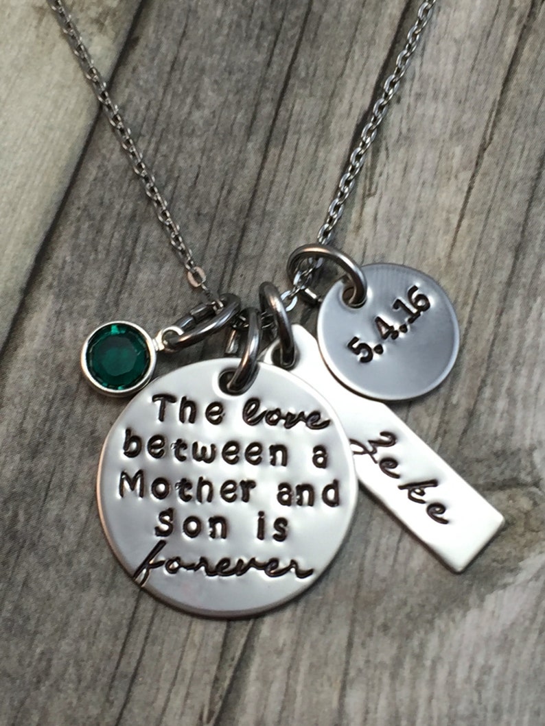 Summer Sale The love between a mother and son is forever hand stamped necklace