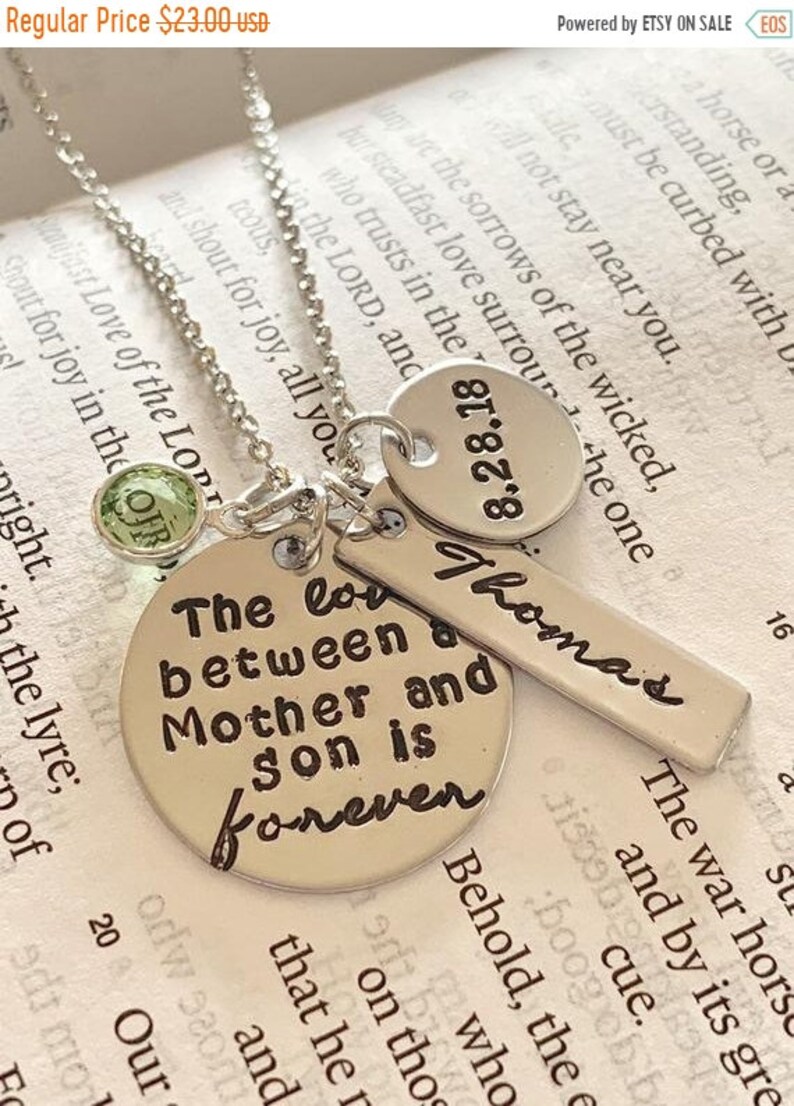 Summer Sale The love between a mother and son is forever hand stamped necklace