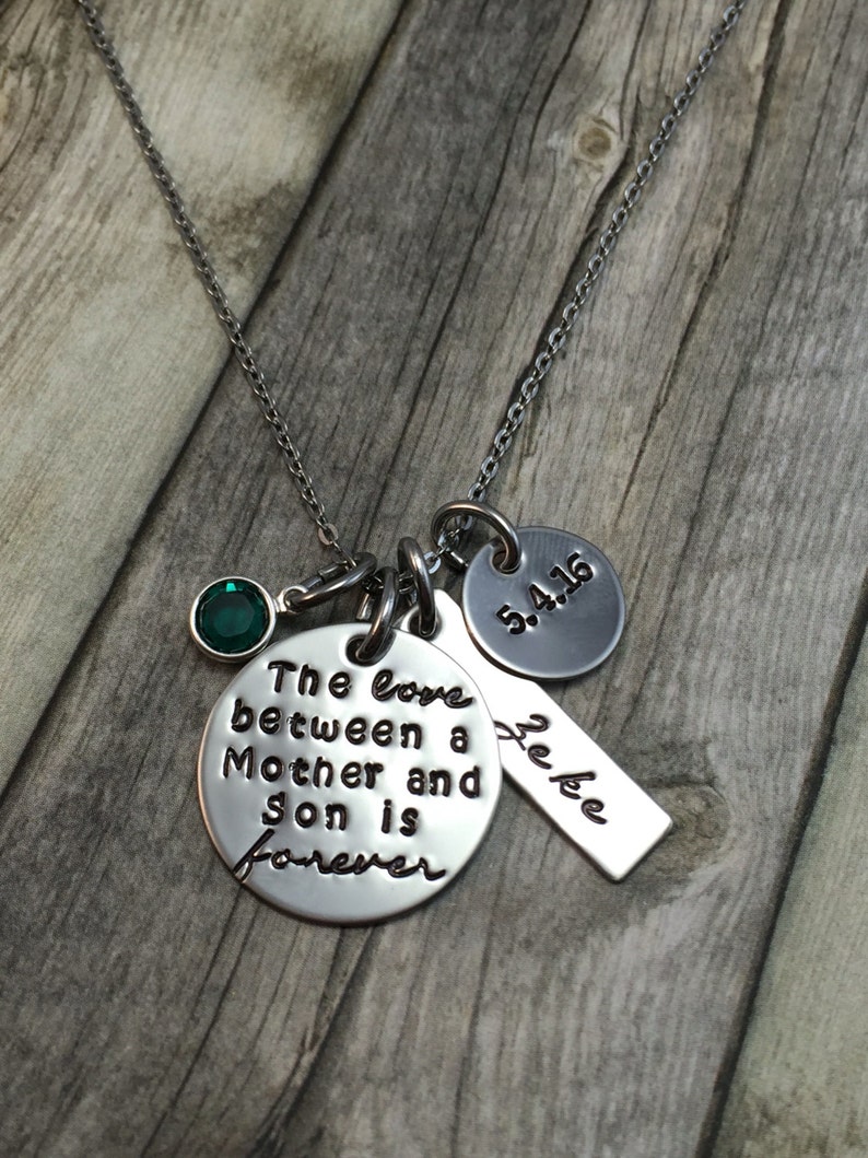 Summer Sale The love between a mother and son is forever hand stamped necklace