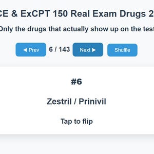 May include: A digital display with the text "PTCE & ExCPT 150 Real Exam Drugs 2026" and "Only the drugs that actually show up on the test." The display shows drug information, including "Zestril / Prinivil."
