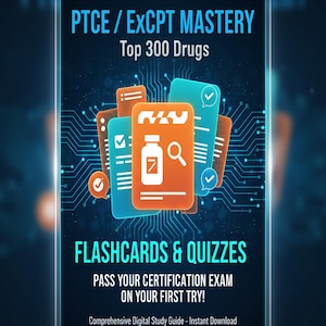 May include: Digital study guide with the text "PTCE / ExCPT Mastery Top 300 Drugs". The image features flashcards and quizzes with a blue and orange color scheme. The text "Flashcards & Quizzes" is displayed prominently.