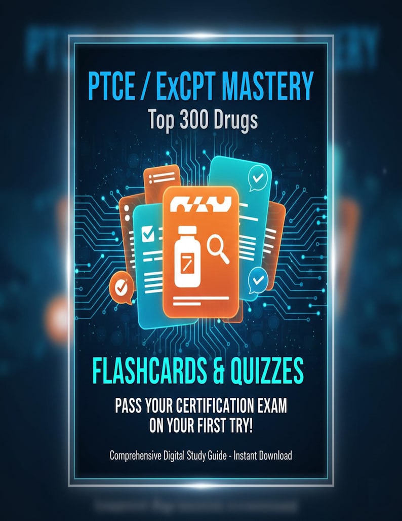 May include: Digital study guide with the text "PTCE / ExCPT Mastery Top 300 Drugs". The image features flashcards and quizzes with a blue and orange color scheme. The text "Flashcards & Quizzes" is displayed prominently.