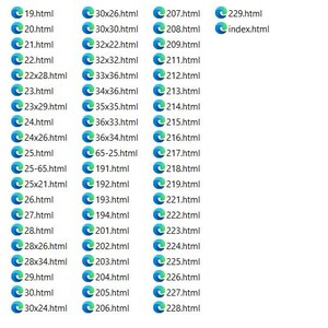 May include: A list of HTML files, each with a unique name, displayed in a grid. The files are named with numbers and dimensions, such as "1.html", "25x21.html", and "30x30.html". The files are associated with the Microsoft Edge browser icon.