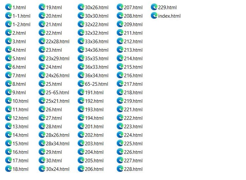 May include: A list of HTML files, each with a unique name, displayed in a grid. The files are named with numbers and dimensions, such as "1.html", "25x21.html", and "30x30.html". The files are associated with the Microsoft Edge browser icon.