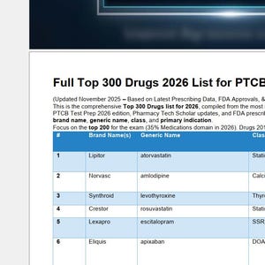 May include: A printed document titled "Full Top 300 Drugs 2026 List for PTCB/PTCE Prep." The document includes a table with drug names, generic names, classes, and primary indications. The document is designed for pharmacy technicians.