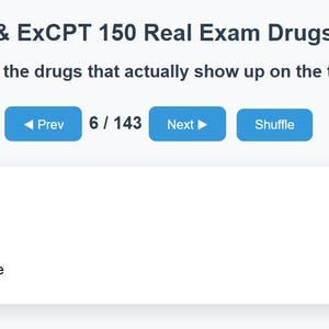 May include: A digital flashcard from the PTCE & ExCPT 150 Real Exam Drugs 2026 series. The card displays drug information: Generic name, Class, and Use. Navigation buttons include Prev, Next, and Shuffle. The current card is 6 of 143.