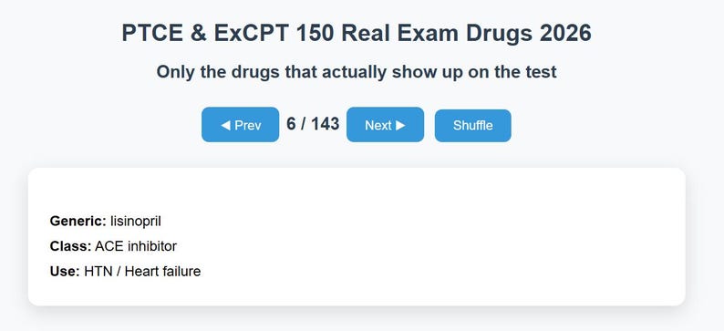 May include: A digital flashcard from the PTCE & ExCPT 150 Real Exam Drugs 2026 series. The card displays drug information: Generic name, Class, and Use. Navigation buttons include Prev, Next, and Shuffle. The current card is 6 of 143.