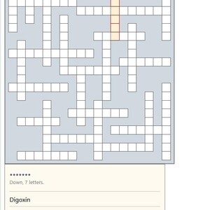 May include: A pharmaceutical crossword puzzle with a 19x21 grid and 29 words. The word list includes terms like "BUSPAR" and "CATAPRES." A section at the bottom prompts for a 7-letter word, "Digoxin," with "Solve," "OK," and "Cancel" buttons.