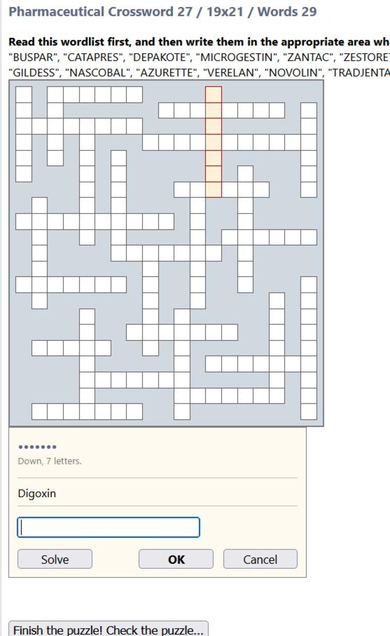 May include: A pharmaceutical crossword puzzle with a 19x21 grid and 29 words. The word list includes terms like "BUSPAR" and "CATAPRES." A section at the bottom prompts for a 7-letter word, "Digoxin," with "Solve," "OK," and "Cancel" buttons.