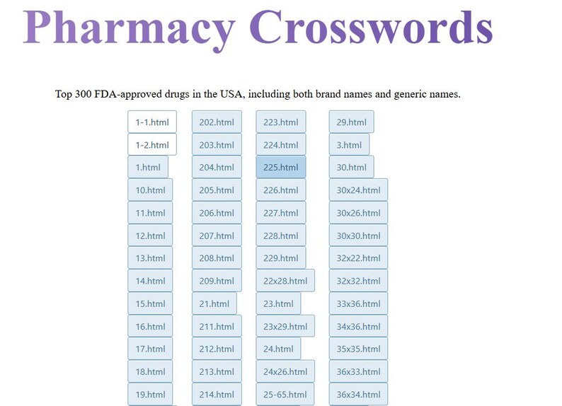 May include: The image displays a webpage titled "Pharmacy Crosswords" with a list of links. The text states it includes the top 300 FDA-approved drugs in the USA, with both brand and generic names. The page is white with blue links.