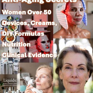Puede incluir: Una imagen promocional de cuidado de la piel antienvejecimiento, con el texto "Anti-Aging Secrets" y "Skincare for Aging Skin". El collage muestra dispositivos de cuidado de la piel, cremas y nutrición, junto con mujeres usando los productos, incluyendo una máscara de terapia de luz.