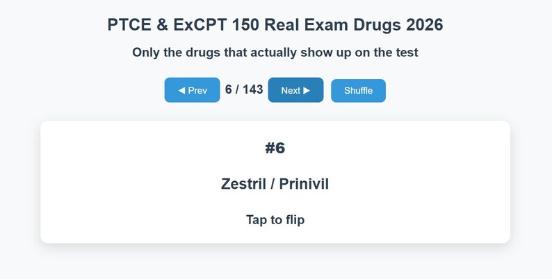 May include: A digital screen displays information for a pharmacy technician certification exam. The text reads "PTCE & ExCPT 150 Real Exam Drugs 2026." It shows drug information, including "Zestril / Prinivil."