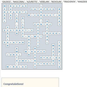 May include: A completed pharmaceutical crossword puzzle with the title "Pharmaceutical Crossword 27 / 19x21 / Words 29". The puzzle grid is filled with intersecting words. Below the grid is the text "Congratulations! You have completed this crossword puzzle."