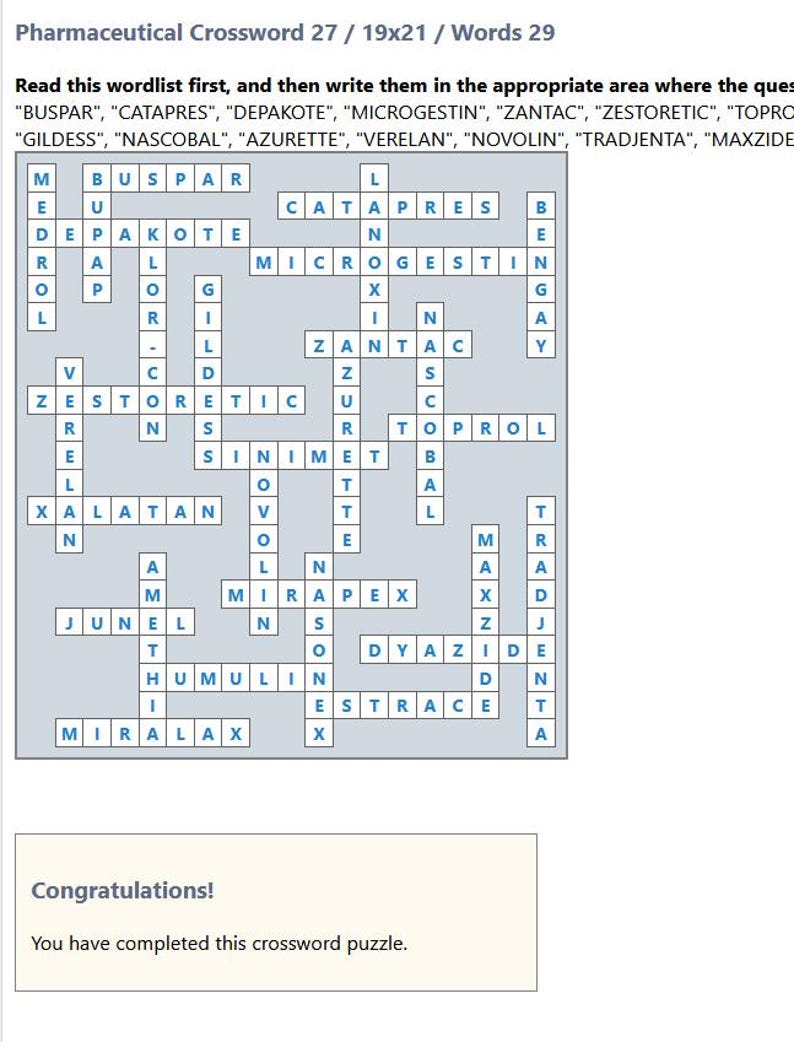 May include: A completed pharmaceutical crossword puzzle with the title "Pharmaceutical Crossword 27 / 19x21 / Words 29". The puzzle grid is filled with intersecting words. Below the grid is the text "Congratulations! You have completed this crossword puzzle."