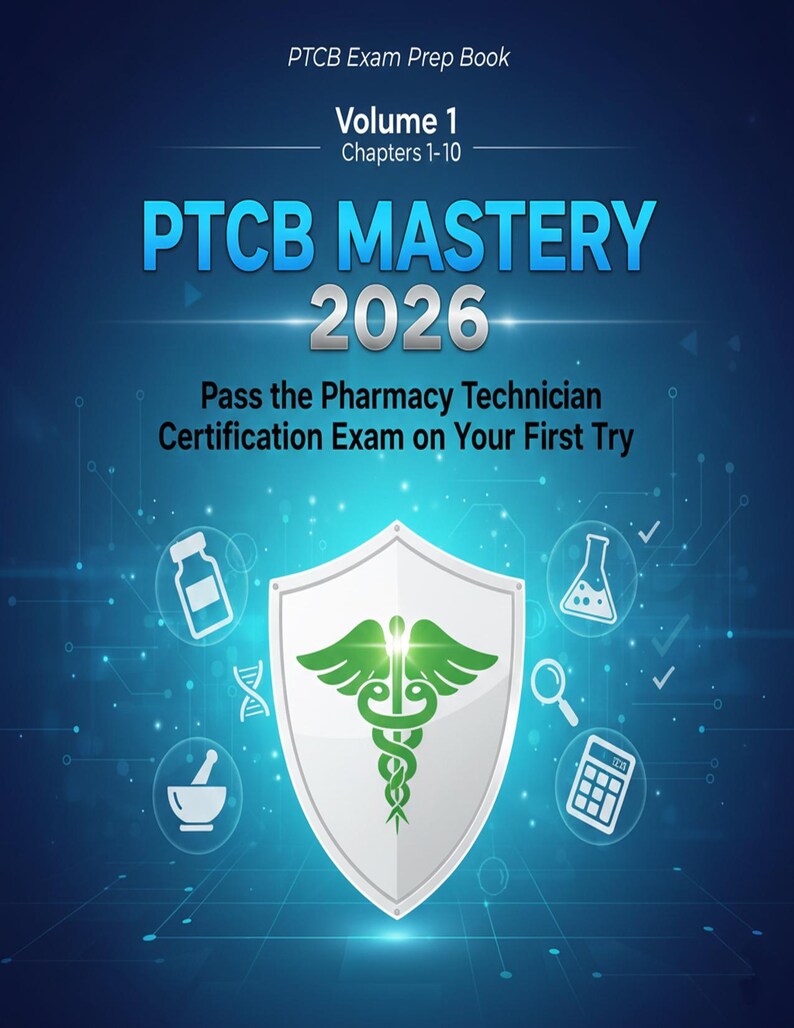 May include: A blue book cover with the title "PTCB MASTERY 2026". The cover includes a shield with a green caduceus symbol and medical icons. Text reads "Pass the Pharmacy Technician Certification Exam on Your First Try".