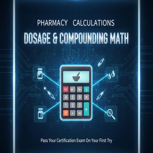 May include: Digital graphic with the text "PTCE / ExCPT Mastery" and "Pharmacy Calculations Dosage & Compounding Math." A calculator graphic is in the center, surrounded by pharmacy-related icons. The text "Pass Your Certification Exam On Your First Try" is at the bottom.