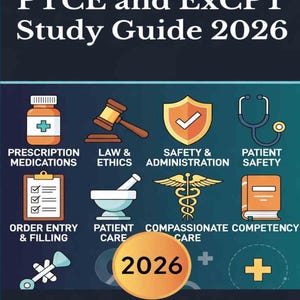K&ouml;nnte beinhalten: Ein Studienf&uuml;hrer mit dem Titel "PTCE and ExCPT Study Guide 2026" mit Symbolen, die medizinische Themen darstellen. Der Leitfaden enth&auml;lt Abschnitte zu verschreibungspflichtigen Medikamenten, Recht & Ethik, Sicherheit, Patientenversorgung und Auftragserfassung. Das Cover zeigt das Jahr 2026.
