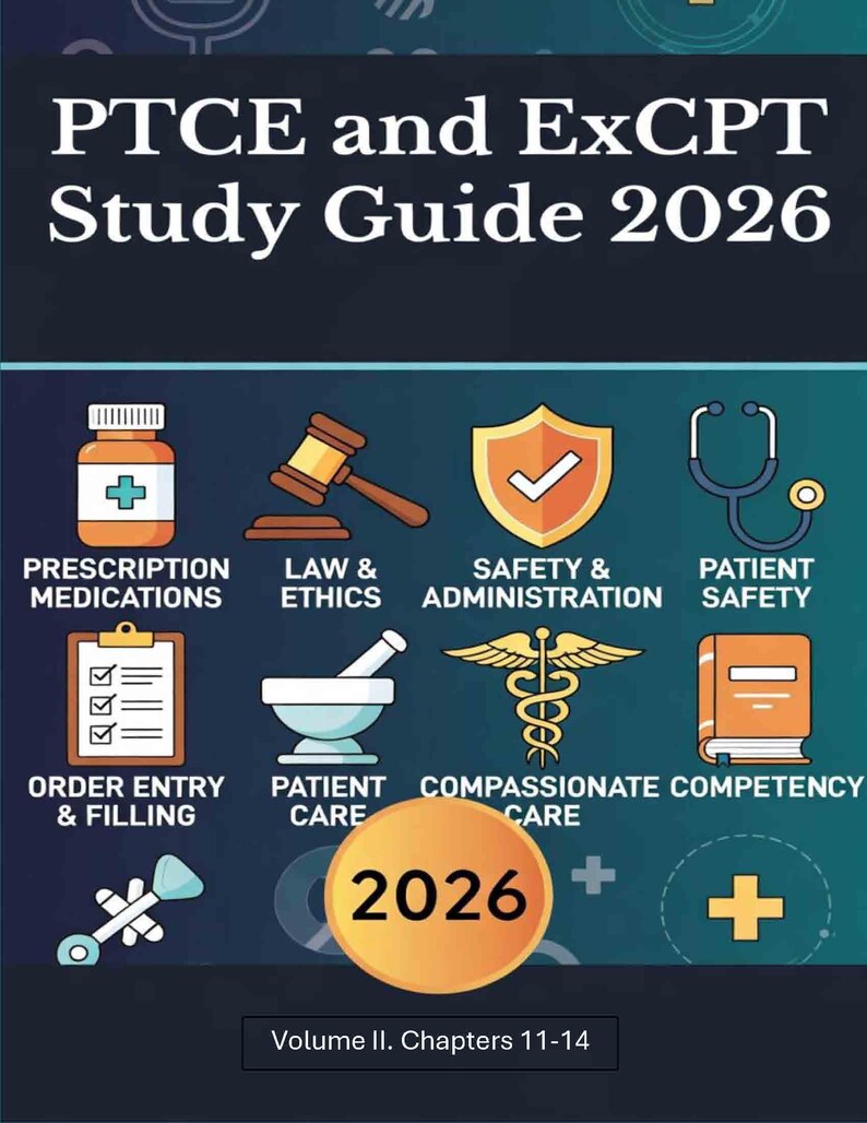 K&ouml;nnte beinhalten: Ein Studienf&uuml;hrer mit dem Titel "PTCE and ExCPT Study Guide 2026" mit Symbolen, die medizinische Themen darstellen. Der Leitfaden enth&auml;lt Abschnitte zu verschreibungspflichtigen Medikamenten, Recht & Ethik, Sicherheit, Patientenversorgung und Auftragserfassung. Das Cover zeigt das Jahr 2026.